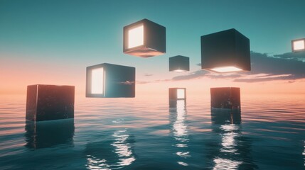 Poster - A maze of glowing floating cubes hovers above a reflective ocean, combining geometric precision with surreal, futuristic 3D fantasy elements.