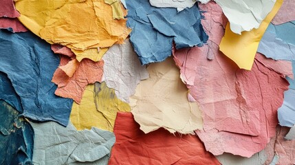 Poster - A mix of colorful, textured papers spread across a surface, featuring bold and muted tones with visible paper fibers.