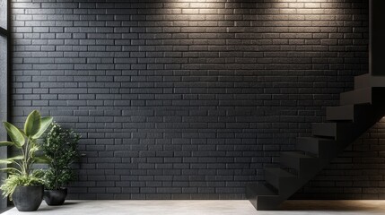 Poster - A modern black brick wall with uniform rectangular tiles, creating a minimalistic and sleek industrial design perfect for contemporary spaces.