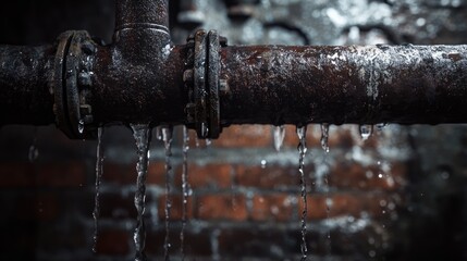 Poster - A moody underground setting, showing a close-up of a pipe with water dripping, set against a textured brick wall and metal piping, creating an industrial atmosphere.