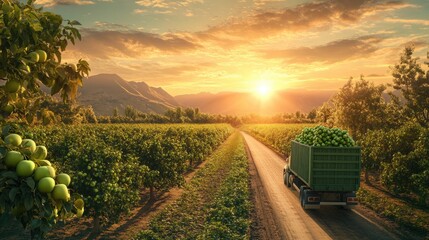 Poster - A peaceful sunset backdrop as a cargo truck carries green apples down an orchard road, showcasing the agricultural transportation and shipping process.