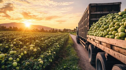 Poster - A peaceful sunset scene with a cargo truck transporting green apples on a rural road through an orchard, capturing the essence of food distribution.