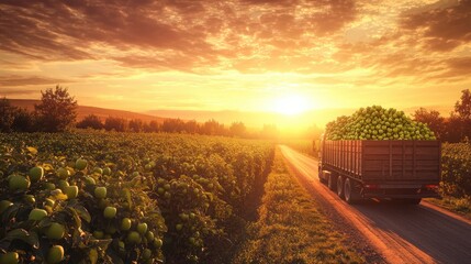 Poster - A peaceful sunset scene with a cargo truck transporting green apples on a rural road through an orchard, capturing the essence of food distribution.