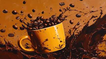 Poster - A playful scene of floating coffee beans with dark coffee splashes from a bright yellow mug, set against a rich chocolate-toned background.