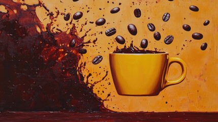 Poster - A playful scene of floating coffee beans with dark coffee splashes from a bright yellow mug, set against a rich chocolate-toned background.