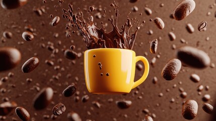 Poster - A playful scene of floating coffee beans with dark coffee splashes from a bright yellow mug, set against a rich chocolate-toned background.