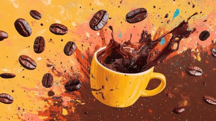 Poster - A playful scene of floating coffee beans with dark coffee splashes from a bright yellow mug, set against a rich chocolate-toned background.