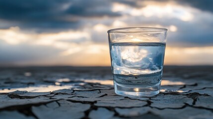 Aufkleber - A powerful representation of water scarcity, featuring a glass of water on dry cracked earth, with a cloudy sky reflecting the importance of conservation.