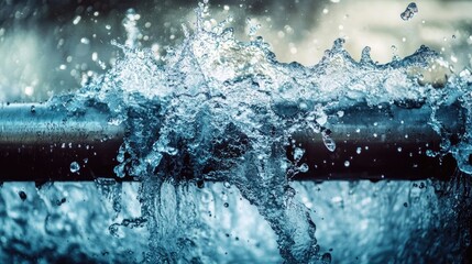 Poster - A powerful image of a metallic pipe discharging water forcefully, with dramatic splashes illustrating the dynamics of fluid motion.