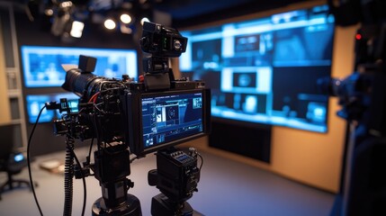 Aufkleber - A professional news broadcast studio with sleek, modern design, advanced cameras, and high-definition screens, emphasizing a clean, tech-forward broadcast setup.