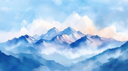 Aufkleber - Majestic mountains rise against a serene blue sky with soft clouds at dawn in a tranquil landscape setting. Generative AI