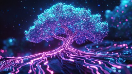Fototapete - A neon tree design intertwined with glowing circuit patterns, evoking a futuristic and digital aesthetic.