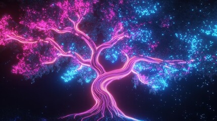 Fototapete - A neon tree design intertwined with glowing circuit patterns, evoking a futuristic and digital aesthetic.