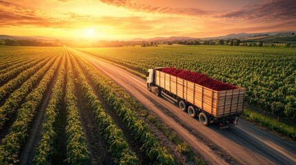 Poster - A scenic sunset view of a cargo truck carrying raspberries down an orchard road, showcasing the beauty of food transportation and logistics.