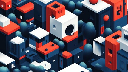 Isometric city, red, white, blue buildings, trees, digital art, website banner
