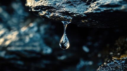 Poster - A striking close-up of a single water droplet hanging from a rock, set against a dark, textured background that highlights its glistening surface.