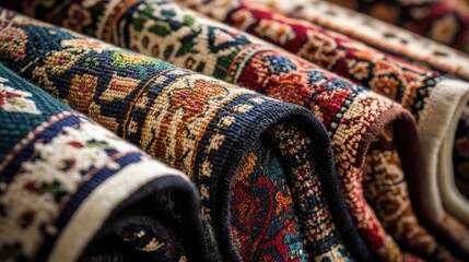 Poster - Richly textured close up of vibrant patterned fabrics with intricate floral and geometric designs suitable for creative projects. Generative AI