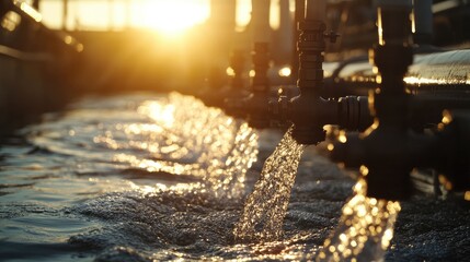 Poster - A stunning shot of water flowing from industrial pipes under the glow of warm sunlight, emphasizing the efficiency and elegance of modern plumbing.