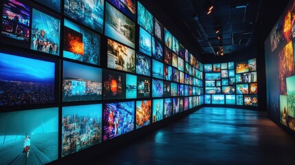 Poster - A stunning video and image wall of TV screens, creating an immersive multimedia experience with vibrant visual content on display.