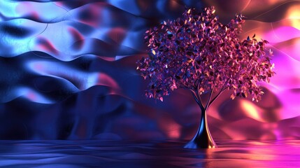Poster - A surreal 3D abstract metallic tree with glowing leaves stands in a minimalistic room, featuring futuristic textures and vibrant lighting effects.