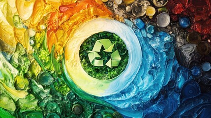 Aufkleber - A vibrant abstract swirl of colors and shapes representing recycling, sustainability, and environmental awareness, creating an artistic depiction of eco-conscious creativity.