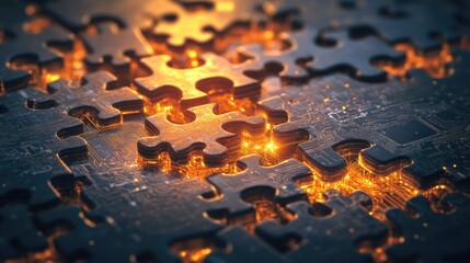 Poster - Abstract digital artwork of interconnected puzzle pieces within a glowing circuit board, symbolizing pathways and connections with bright emanating light.