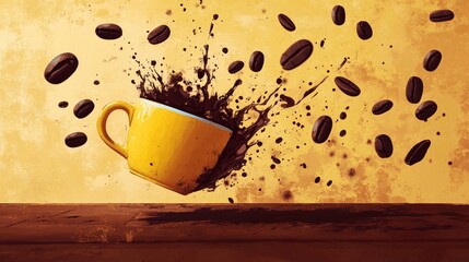 Poster - A whimsical portrayal of coffee beans floating in mid-air, with splashes of dark coffee emanating from a yellow mug against a chocolate-toned backdrop.