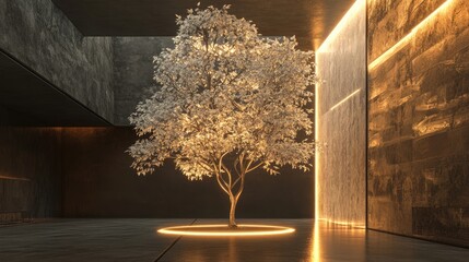 Poster - An abstract metallic tree with glowing leaves grows in a minimalistic room, with unique textures, creating a futuristic 3D nature concept