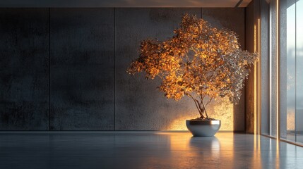 Poster - An abstract metallic tree with glowing leaves in a minimalist room, featuring futuristic 3D textures and an organic yet modern design concept.