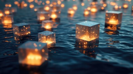 Poster - An intricate maze of glowing floating cubes above a reflective ocean, blending surreal fantasy with geometric design in a 3D environment.