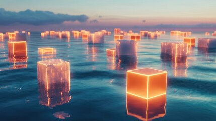 Poster - An intricate maze of glowing floating cubes above a reflective ocean, blending surreal fantasy with geometric design in a 3D environment.