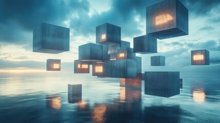 Poster - An intricate maze of glowing floating cubes above a reflective ocean, blending surreal fantasy with geometric design in a 3D environment.