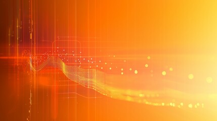 Fototapete - A high-tech abstract digital wave with glowing particles and a subtle grid effect on a radiant orange background. The composition conveys innovation and modern digital aesthetics. AI generated.
