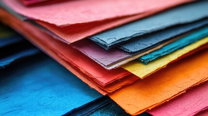Poster - Close-up of various colored papers stacked, showcasing their textures and vibrant hues in a creative, colorful display.