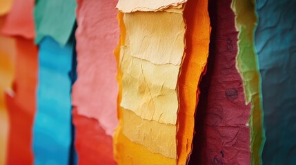 Poster - Close-up of various colored papers stacked, showcasing their textures and vibrant hues in a creative, colorful display.