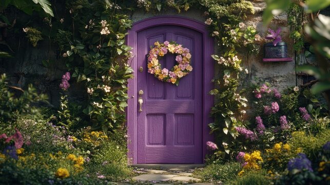 A purple door with a floral wreath and delicate bows, nestled in a lush, whimsical garden setting.