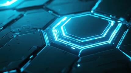Aufkleber - Futuristic hexagonal panel with glowing blue lines, showcasing advanced technology in a dark environment, perfect for sci-fi themes