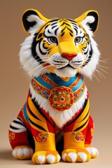 Wall Mural - brightly colored stuffed tiger sitting on a brown background