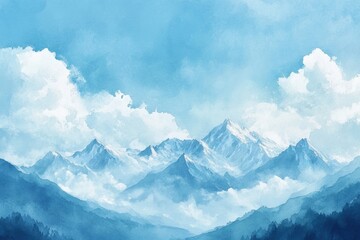 Aufkleber - Majestic mountain range under a bright blue sky with fluffy clouds and mist covering the valleys. Generative AI