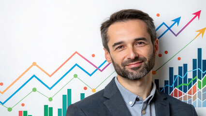 Poster - professional man smiling in front of colorful graph background, representing growth and success