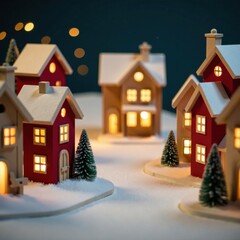 Wooden Christmas village with houses, shops and churches lit up at night , shops, churches, decoration