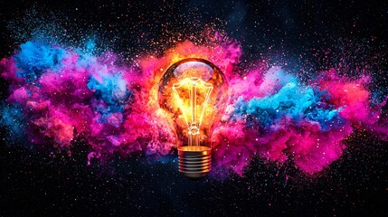 Wall Mural - Bright idea, glowing lightbulb, colorful explosion, dark background, innovation concept