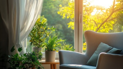 Sticker - A soft, inviting chair next to a sunlit window, with beautiful greenery and trees visible outside.