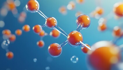 Poster - Orange Molecules in Motion on Blue Background