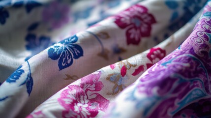 Leinwandbilder - Close up view of colorful patterned fabrics featuring floral designs perfect for textile projects or crafting. Generative AI