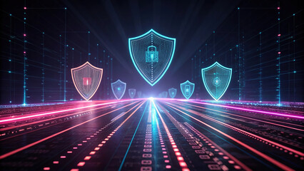 Poster - futuristic digital landscape with glowing shields symbolizing cybersecurity
