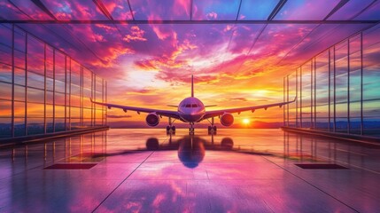 Leinwandbilder - Beautiful sunset view with airplane at airport terminal showcasing vibrant colors and reflections on the floor. Generative AI