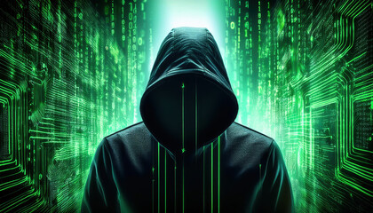Poster - shadowy figure in hood surrounded by digital chaos and green code, evoking mystery and intrigue