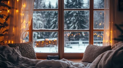 Aufkleber - Cozy winter retreat with snow falling outside the window in a warmly decorated room during a quiet evening. Generative AI
