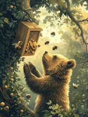 Poster - Cute bear interacts with beehive in a vibrant forest setting during daylight hours. Generative AI
